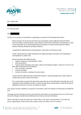 FOI Request – Question about contacts with the tobacco industry