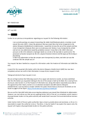 FOI Request – Plutonium samples Sellafield