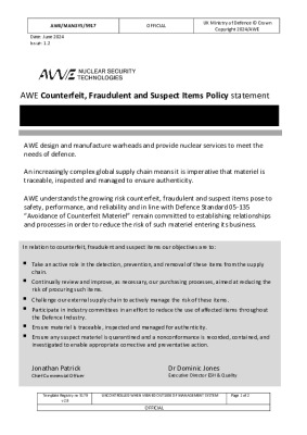 AWE Counterfeit, Fraudulent and Suspect Items Policy statement