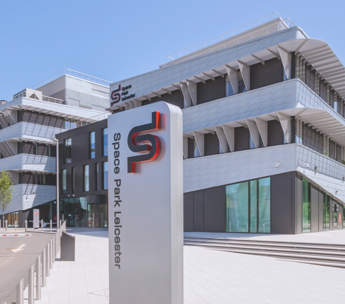 Frontage of a three story corporate building at Space Park Leicester