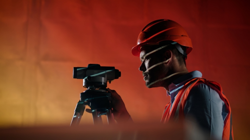 Close-up of a person in a red hard hat looking through a surveying instrument, with an orange background and light streaks casting shadows on the face