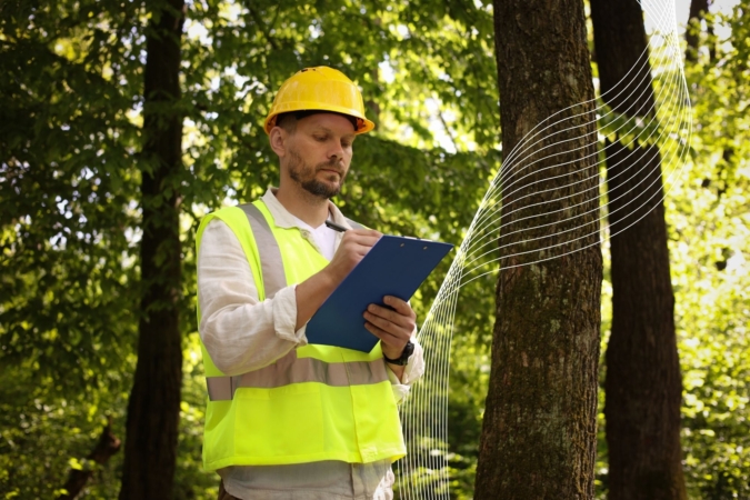 Forester in hard hat with clipboard examining plants in forest