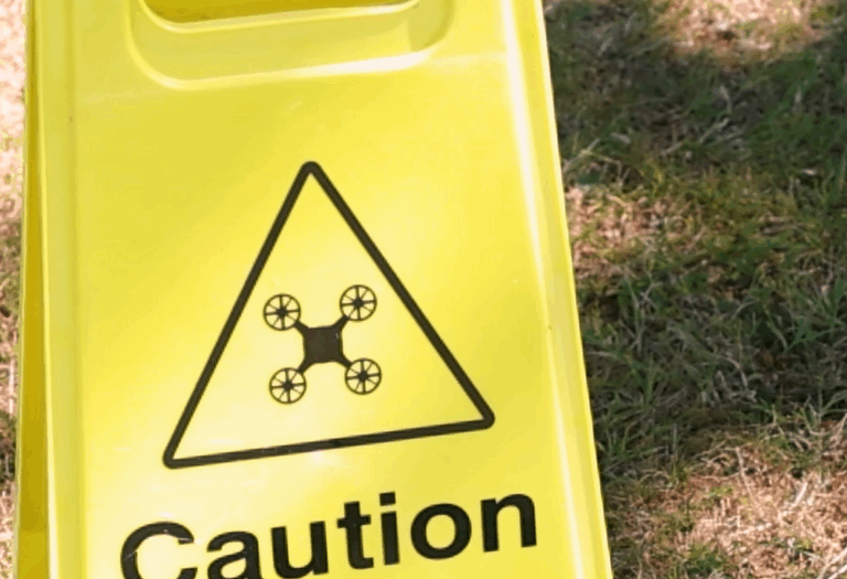 A yellow caution sign on grass with black tape on the handle. The sign reads: “Caution Drones operating in this area.”