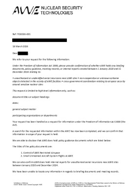 FOI Request – Unauthorised or unidentified aerial incursions near AWE sites